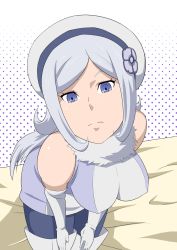 Rule 34 | 10s, 1girl, aila jyrkiainen, bare shoulders, bed, blue eyes, breasts, dress, gloves, gundam, gundam build fighters, hat, highres, large breasts, legs, long hair, looking at viewer, serious, simple background, sitting, solo, thighs, white hair