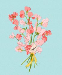 Rule 34 | blue background, bouquet, card, commentary, commission, english commentary, flower, highres, libbyframe, no humans, pink flower, plant, ribbon, sen to chihiro no kamikakushi, signature, simple background, still life, sweet pea, translation request, yellow ribbon