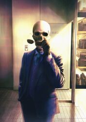 Rule 34 | 1other, blue jacket, blue necktie, brown gloves, collared shirt, commentary, cowboy shot, formal, fracoco, gloves, hand in pocket, highres, indoors, jacket, long sleeves, looking at viewer, necktie, original, removing eyewear, shirt, skeleton, suit, sunglasses, undead, white shirt