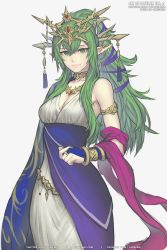 Rule 34 | 1girl, armlet, blue dress, bracelet, breasts, cleavage, crown, dress, fire emblem, fire emblem heroes, gofelem, green eyes, green hair, jewelry, looking at viewer, medium breasts, necklace, nintendo, pointy ears, ponytail, smile, solo, tiki (adult) (fire emblem), tiki (fire emblem), white dress