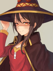 Rule 34 | 1girl, arm up, black choker, black hat, blush, brown cape, brown hair, button eyes, buttons, cape, choker, closed mouth, commentary, dress, grey background, hand on headwear, hat, hyk0806, kono subarashii sekai ni shukufuku wo!, long sleeves, looking afar, looking away, megumin, red dress, red eyes, shaded face, short hair with long locks, sidelocks, simple background, smile, solo, upper body, witch hat