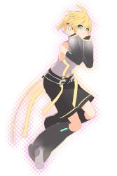 Rule 34 | 1boy, aqua eyes, black shorts, black sleeves, blonde hair, d futagosaikyou, detached sleeves, expressionless, full body, grey shirt, hands on headphones, hands up, headphones, highres, hip gear, kagamine len, leg warmers, looking at viewer, looking to the side, male focus, shirt, short ponytail, shorts, sleeveless, sleeveless shirt, solo, spiked hair, vocaloid, vocaloid append, white background