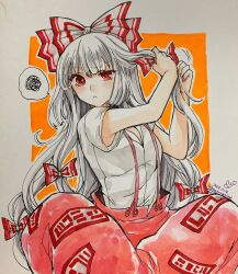 Rule 34 | 1girl, :&lt;, absurdres, akaioringo2023, baggy pants, bow, commentary request, dated, feet out of frame, fujiwara no mokou, hair bow, hands up, highres, indian style, long hair, looking at viewer, ofuda, ofuda on clothes, pants, red bow, red eyes, red pants, shirt, short sleeves, signature, sitting, solo, speech bubble, spoken squiggle, squiggle, suspenders, touhou, traditional media, twitter username, two-tone bow, tying hair, very long hair, white bow, white hair, white shirt