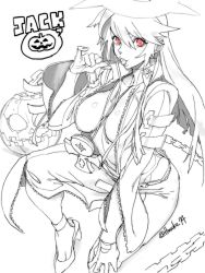 Rule 34 | 1girl, arc system works, breasts, candy, food, greyscale, guilty gear, guilty gear xrd, hesuke, jack-o&#039;-lantern, jack-o&#039; valentine, large breasts, lollipop, long hair, monochrome, pinky out, red eyes, solo, twitter username