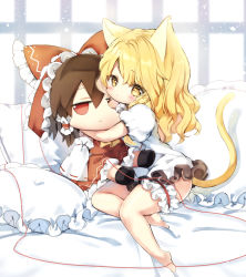 Rule 34 | 1girl, animal ears, ascot, barefoot, blonde hair, bow, brown hair, cat ears, cat tail, character doll, commentary request, detached sleeves, hair bow, hair tubes, hakurei reimu, kemonomimi mode, kirisame marisa, bridal garter, long hair, looking at viewer, hugging object, pillow, piyokichi, puffy sleeves, red bow, red eyes, red skirt, skirt, skirt set, solo, string, string of fate, tail, touhou, vest, wavy hair, yellow eyes