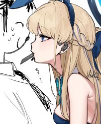 Rule 34 | animal ears, artist name, bare shoulders, blonde hair, blue archive, blue eyes, blue hair, blush, braid, card in mouth, detached collar, doodle sensei (blue archive), earpiece, face-to-face, fake animal ears, half updo, halo, highres, long hair, mouth hold, multicolored hair, rabbit ears, sensei (blue archive), signature, streaked hair, sweatdrop, toki (blue archive), toki (bunny) (blue archive), uhuhu