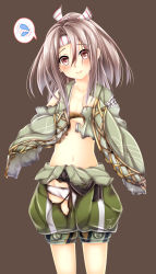 Rule 34 | 10s, 1girl, baretto, baretto (firearms 1), blush, brown eyes, brown hair, flat chest, gloves, headband, highres, japanese clothes, kantai collection, long hair, looking at viewer, navel, open clothes, panties, partially fingerless gloves, partly fingerless gloves, solo, spoken sweatdrop, standing, sweatdrop, torn clothes, underwear, yugake, zuihou (kancolle)