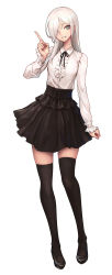 Rule 34 | 1girl, :d, arm at side, black footwear, black ribbon, black skirt, black thighhighs, blouse, center frills, collared shirt, covered eyes, frills, full body, grey eyes, grin, hair over one eye, head tilt, highres, long hair, long sleeves, meme attire, neck ribbon, oopartz yang, open mouth, original, pointing, pointing up, ribbon, shirt, shoes, simple background, skirt, smile, solo, standing, teeth, thighhighs, virgin killer outfit, white background, white hair, white shirt, wing collar, zettai ryouiki