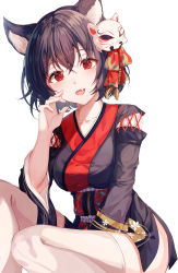 Rule 34 | 1girl, absurdres, animal ear fluff, animal ears, azur lane, black hair, black kimono, blush, breasts, cat ears, collarbone, commentary request, fang, highres, huge filesize, japanese clothes, kimono, large breasts, looking at viewer, mask, mask on head, open mouth, red eyes, short hair, simple background, smile, solo, tess (88884), thighhighs, white background, white thighhighs, yamashiro (azur lane)