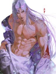 Rule 34 | 1boy, abs, absurdres, an kyoung, biceps, bishounen, claws, commentary request, crescent, crescent facial mark, expressionless, facial mark, grey hair, highres, inuyasha, japanese clothes, kimono, korean commentary, long hair, looking to the side, male focus, muscular, muscular male, navel, nipples, off shoulder, pectorals, pointy ears, sesshoumaru, solo, topless male, undressing, upper body, very long hair, white background, white kimono