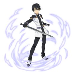 Rule 34 | 1boy, augma, black eyes, black gloves, black hair, black pants, closed mouth, frown, full body, gloves, hair between eyes, highres, holding, holding sword, holding weapon, kirito, looking at viewer, male focus, non-web source, official art, pants, solo, standing, sword, sword art online, transparent background, weapon