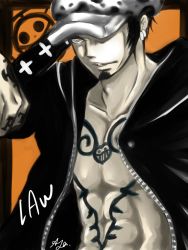 Rule 34 | 1boy, aya, character name, hat, hat over one eye, male focus, one piece, ootachi, open clothes, open shirt, sheath, sheathed, shirt, solo, tattoo, trafalgar law