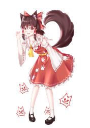 Rule 34 | 1girl, :d, absurdres, ailu elf, animal ear fluff, animal ears, ascot, black footwear, bow, brown hair, chinese commentary, claw pose, collarbone, commentary request, detached sleeves, dress, fang, frilled bow, frilled shirt collar, frills, full body, hair between eyes, hair bow, hair tubes, hakurei reimu, hand up, highres, leaning forward, long sleeves, looking at viewer, mary janes, open mouth, paw print, petticoat, red bow, red dress, red eyes, ribbon-trimmed sleeves, ribbon trim, sash, shoes, short hair, sidelocks, simple background, smile, socks, solo, standing, tail, touhou, white background, white socks, wide sleeves, wily beast and weakest creature, wolf ears, wolf tail, yellow ascot, yellow sash