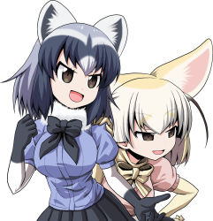 Rule 34 | 2girls, animal ears, black neckwear, black skirt, blonde hair, blue shirt, bow, bowtie, brown eyes, clenched hand, collar, common raccoon (kemono friends), fennec (kemono friends), fighting stance, fox ears, fur collar, grey hair, half-closed eyes, hand on another&#039;s shoulder, hand on own hip, highres, kamishima kanon, kemono friends, looking to the side, multiple girls, open mouth, pink sweater, pleated skirt, puffy short sleeves, puffy sleeves, raccoon ears, shirt, short sleeves, skirt, smile, smirk, standing, sweater, v-shaped eyebrows, white collar, yellow neckwear