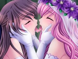 Rule 34 | 2girls, blush, bridal veil, elbow gloves, closed eyes, female focus, flower, french kiss, game cg, gloves, hand on another&#039;s face, hands on another&#039;s face, head wreath, kiss, long hair, multiple girls, open mouth, pink hair, purple hair, saliva, tongue, veil, yuri