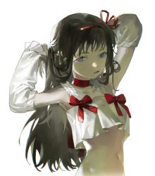 Rule 34 | 1girl, absurdres, akemi homura, arms up, baifeidaiwang, black hair, bow, chinese commentary, choker, collarbone, commentary request, crop top, crop top overhang, detached sleeves, frilled straps, hairband, hands in hair, highres, holding, holding hair, long hair, looking at viewer, mahou shoujo madoka magica, mahou shoujo madoka magica (anime), midriff, navel, open mouth, purple eyes, red bow, red choker, red hairband, shirt, simple background, solo, upper body, white background, white shirt