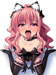 Rule 34 | 1girl, animal ears, blush, cat ears, collar, dress, elbow gloves, fake animal ears, female focus, frills, from above, gloves, hairband, high heels, licking, long hair, looking at viewer, louise francoise le blanc de la valliere, open mouth, oral invitation, pink eyes, pink hair, sen (sansui), sitting, solo, strapless, strapless dress, thighhighs, tongue, tongue out, wariza, wavy hair, zero no tsukaima