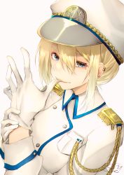 Rule 34 | 1girl, aiguillette, biting, blonde hair, blue eyes, chita (ketchup), closed mouth, commentary request, ear piercing, earrings, epaulettes, glove biting, gloves, hair between eyes, hands up, hat, highres, jacket, jewelry, limited palette, long sleeves, looking at viewer, military, military hat, military jacket, military uniform, original, peaked cap, piercing, signature, simple background, smile, solo, stud earrings, uniform, upper body, white background, white gloves, white hat, white jacket