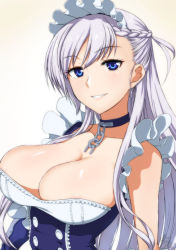 Rule 34 | 1girl, azur lane, bare shoulders, belfast (azur lane), blue eyes, braid, breasts, broken, broken chain, buttons, chain, cleavage, collar, double-breasted, french braid, frills, hair behind ear, hair between eyes, hair over shoulder, highres, koutarou (plusdrive), large breasts, lips, long hair, looking at viewer, looking to the side, maid, maid headdress, no bra, parted lips, signature, simple background, solo, upper body, white background, white hair