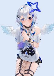 Rule 34 | 1girl, absurdres, ahoge, amane kanata, amane kanata (punk rock), belt collar, blue background, blue eyes, blue hair, blue halo, blue nails, blush, character print, collar, commentary request, crossed bangs, fishnet pantyhose, fishnets, grey hair, hair ornament, hairclip, halo, highres, hololive, long hair, looking at viewer, mini wings, multicolored hair, own hands together, pantyhose, shirt, simple background, single bare shoulder, single hair intake, single leg pantyhose, smallpine 7, solo, star halo, streaked hair, thigh strap, virtual youtuber, white shirt, white wings, wings, x hair ornament