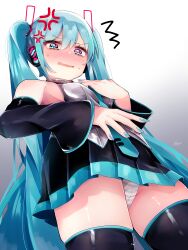 Rule 34 | 1girl, ^^^, anger vein, angry, aqua eyes, aqua hair, aqua nails, aqua necktie, aqua skirt, armpits, bare shoulders, black skirt, black sleeves, black thighhighs, blue panties, blush, breasts, commentary request, cowboy shot, d:, detached sleeves, embarrassed, foreshortening, from below, gradient background, grey background, grey shirt, groin tendon, hair between eyes, hair ornament, hatsune miku, highres, koyubisennti, long hair, looking at viewer, looking down, miniskirt, multicolored clothes, multicolored panties, multicolored skirt, necktie, nose blush, open mouth, panties, pleated skirt, power symbol, power symbol-shaped pupils, shirt, simple background, skirt, small breasts, solo, standing, striped clothes, striped panties, sweat, symbol-shaped pupils, thighhighs, translation request, twintails, underwear, upskirt, v-shaped eyebrows, very long hair, vocaloid, white background, white panties, zettai ryouiki