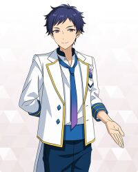 Rule 34 | 1boy, arm behind back, blue hair, closed mouth, cowboy shot, dark blue hair, diamond brooch, dot nose, ensemble stars!, fushimi yuzuru, gradient necktie, happy elements, jacket, lapels, long sleeves, looking at viewer, male focus, mole, mole under eye, notched lapels, official art, open clothes, open jacket, outstretched hand, purple eyes, short bangs, short hair, sleeves past elbows, solo, split mouth, third-party source