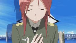 Rule 34 | 1girl, animated, animated gif, hand over heart, long hair, long sleeves, military, military uniform, minna-dietlinde wilcke, red eyes, red hair, screencap, solo, strike witches, uniform, world witches series