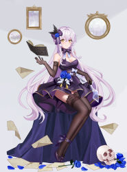 Rule 34 | 1girl, absurdres, bad id, bad pixiv id, bare shoulders, black gloves, black thighhighs, blush, book, breasts, cleavage, dress, elbow gloves, eyebrows, flower, gloves, high heels, highres, large breasts, long hair, looking at viewer, purple footwear, purple hair, silver hair, sitting, smile, solo, thighhighs, vocaloid, vsinger, xingchen, yellow eyes, yinranluo