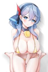 Rule 34 | 1girl, ako (blue archive), arm between legs, arm under breasts, bare shoulders, barefoot, bell, bikini, blue archive, blue eyes, blue hair, blurry, blush, breast lift, breasts, cleavage, closed mouth, collarbone, cowbell, depth of field, embarrassed, from above, frown, hair behind ear, hair between eyes, hair over shoulder, hairband, head tilt, highres, large breasts, long hair, looking at viewer, micro bikini, navel, neck bell, ralac, simple background, sitting, skindentation, soles, solo, swimsuit, thigh gap, toes, wariza, white background, yellow bikini