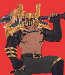 Rule 34 | 1boy, abs, absurdres, armor, bara, bare pectorals, belt, black belt, check copyright, chest hair, chest harness, chest tattoo, copyright request, dark-skinned male, dark skin, fake horns, feet out of frame, ghangaji, green shorts, harness, helmet, highres, holding, holding polearm, holding weapon, horned helmet, horns, kneehighs, large pectorals, league of legends, legs apart, looking at viewer, male focus, mordekaiser, muscular, muscular male, navel, navel hair, nipples, over shoulder, pauldrons, pectorals, pentakill mordekaiser, polearm, shorts, shoulder armor, shrug (clothing), skindentation, socks, solo, stomach, tattoo, thick thighs, thighs, weapon, weapon over shoulder