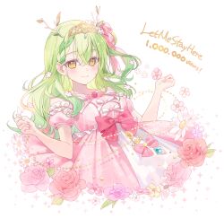 Rule 34 | 1girl, a20 (atsumaru), absurdres, antlers, blush, bow, ceres fauna, commentary, detached sleeves, dress, english commentary, flower, green hair, hair flower, hair ornament, highres, hololive, hololive english, horns, long hair, mole, mole under eye, pink bow, pink dress, pink flower, pink sleeves, smile, solo, tiara, virtual youtuber, yellow eyes