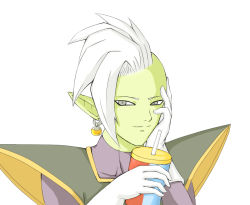 Rule 34 | 10s, colored skin, dragon ball, dragon ball super, dragonball z, earrings, gloves, green skin, grey eyes, grin, jewelry, looking at viewer, male focus, pointy ears, smile, white gloves, white hair, zamasu