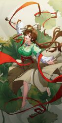 Rule 34 | 1girl, :d, absurdres, arm up, breasts, brown eyes, brown hair, chinese clothes, chinese hairpin, clothes lift, dipper, flats, floating hair, full body, green background, hair bun, hair ornament, hanfu, highres, holding, holding spoon, jewelry, jiu niangzi, large breasts, layered sleeves, leg up, long hair, long skirt, long sleeves, looking at viewer, looking to the side, lotus leaf, naim (naimru3), necklace, open mouth, outstretched arms, red shawl, reverse:1999, shawl, short over long sleeves, short sleeves, single side bun, skirt, skirt lift, smile, solo, spoon, spread arms, tassel, tassel hair ornament, teeth, underbust, walking, white footwear, white sleeves, wind, wind lift, yellow skirt