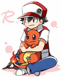 Rule 34 | 1990s (style), 1boy, baseball cap, black hair, blue eyes, brown eyes, charmander, creatures (company), denim, flame-tipped tail, game freak, gen 1 pokemon, hat, indian style, jeans, nintendo, pants, pokemon, pokemon (creature), pokemon rgby, red (pokemon), retro artstyle, shoes, simple background, sitting, sitting on lap, sitting on person, smile, sneakers, tomatok0, white background