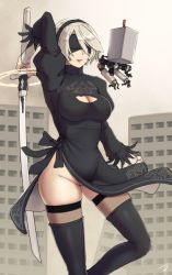 Rule 34 | 1girl, arm up, black dress, black footwear, black hairband, blindfold, boots, breasts, cleavage, cleavage cutout, clothing cutout, covered eyes, cowboy shot, dress, feather-trimmed sleeves, groin, hairband, hayabusa, highleg, highleg leotard, holding, holding sword, holding weapon, juliet sleeves, large breasts, leotard, long sleeves, looking at viewer, mole, mole under mouth, nier (series), nier:automata, pelvic curtain, pink lips, pod (nier:automata), puffy sleeves, see-through, see-through legwear, silver hair, sword, thigh boots, thighhighs, thighhighs under boots, vambraces, weapon, 2b (nier:automata)