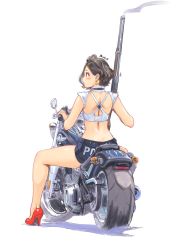 Rule 34 | 1girl, bare legs, black shorts, carina (xiaowoo), clothes writing, commentary request, crop top, earrings, eyeshadow, from behind, full body, gun, high heels, highres, holding, holding gun, holding weapon, jewelry, kishi mieko, looking to the side, makeup, on motorcycle, onna shunin kishi mieko, red footwear, short shorts, shorts, simple background, smoke, smoking gun, solo, spread legs, weapon, white background
