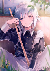 Rule 34 | 1boy, apron, bad id, bad pixiv id, blue eyes, blue hair, blunt bangs, blurry, blurry foreground, blush, closed mouth, commentary request, commission, depth of field, feet out of frame, flower, frills, grass, hair between eyes, highres, konayama kata, light blue hair, looking at viewer, maid, maid headdress, medium hair, original, outdoors, pixiv commission, solo, sunlight, tagme, trap