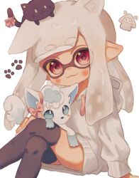 Rule 34 | 1girl, :3, alolan form, alolan vulpix, animal ears, black cat, black thighhighs, cat, cat ears, cat girl, closed mouth, commentary, creatures (company), crossed legs, game freak, gen 7 pokemon, grey hair, highres, inkling, inkling girl, inkling player character, invisible chair, long hair, looking at viewer, nintendo, ochocho2828, pokemon, pokemon (creature), red eyes, simple background, sitting, smile, splatoon (series), splatoon 3, sweater, tentacle hair, thighhighs, white background, white sweater