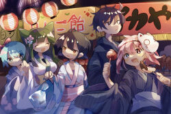 Rule 34 | 2boys, 3girls, ahoge, bag, black eyes, black hair, black kimono, blue eyes, blue hair, blue kimono, blush, bow, breasts, brothers, brothers and sister, candy apple, chocolate banana, closed eyes, cloud print, commentary request, cowboy shot, drooling, festival, fish, fishes, flat chest, flower hair ornament, flower print, food, frown, green hair, green trim, hair between eyes, hair clipper, hair ornament, hairclip, heterochromia, highres, holding, holding food, japanese clothes, jitome, karato (uenomigi), kimono, lantern, lantern festival, light blue hair, mask, mask on head, medium breasts, mouth drool, multiple boys, multiple girls, natsuki (uenomigi), open mouth, original, paper lantern, parted bangs, pink eyes, pink hair, pink trim, plastic bag, raito-kun (uenomigi), red eyes, sash, short hair, siblings, sidelocks, simple background, sky lantern, slit pupils, split bangs, striped, uenomigi, white kimono
