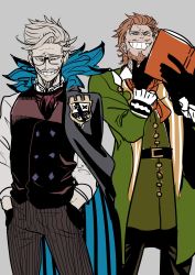 Rule 34 | 2boys, absurdres, ascot, bad id, bad twitter id, beard, book, coat, facial hair, fate/apocrypha, fate/grand order, fate (series), glasses, green coat, grey background, grey hair, grin, hand on own chin, hands in pockets, highres, james moriarty (archer) (fate), looking at viewer, male focus, multiple boys, mustache, nippar, orange hair, pinstripe pattern, simple background, sketch, smile, smug, striped, stroking own chin, william shakespeare (fate)