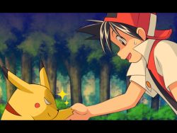 Rule 34 | 1boy, bad id, bad pixiv id, baseball cap, black hair, creatures (company), forest, game freak, gen 1 pokemon, handshake, hat, letterboxed, male focus, mato, nature, nintendo, open mouth, outdoors, pikachu, plant, pokemon, pokemon (creature), pokemon adventures, pokemon special anime, red (pokemon), red eyes, short hair, sparkle, sweatdrop, upper body, yagitori, you gonna get raped