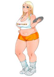 Rule 34 | 1girl, absurdres, bare shoulders, belly, blonde hair, blue eyes, blush, brand name imitation, breasts, cleavage, fat, fat rolls, full body, hand on own hip, highres, hooters, huge breasts, long hair, looking at viewer, morisoba (silent hill), navel, no legwear, parted lips, plump, shoes, short shorts, shorts, sneakers, solo, standing, tank top, thick arms, thick thighs, thighs, tray