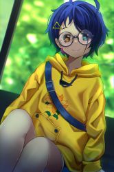 Rule 34 | 1girl, ahoge, bag, baggy clothes, bespectacled, black-framed eyewear, blue eyes, blue hair, blue shorts, bright pupils, closed mouth, commentary, cowboy shot, diamond-shaped pupils, diamond (shape), dot nose, dutch angle, floral print, glasses, hair ornament, hairclip, heterochromia, highres, hood, hood down, hoodie, long sleeves, looking at viewer, ooto ai, round eyewear, sasatabekung, short hair, shorts, shoulder bag, sitting, smile, solo, sunflower print, symbol-shaped pupils, window, wonder egg priority, yellow eyes, yellow hoodie