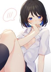 Rule 34 | 1girl, black hair, black skirt, blouse, blue eyes, blue hair, breasts, commentary request, highres, looking to the side, multicolored hair, nishino eri, original, shirt, short hair, short sleeves, simple background, sitting, skirt, small breasts, spoken blush, two-tone hair, white background, white shirt