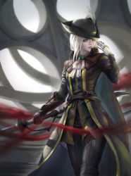 Rule 34 | 1girl, absurdres, ascot, blonde hair, bloodborne, blue eyes, boots, cape, coat, gloves, hat, hat feather, highres, holding, lady maria of the astral clocktower, lianru, long hair, looking at viewer, ponytail, rakuyo (bloodborne), simple background, solo, sword, the old hunters, tricorne, weapon, white hair