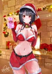Rule 34 | 1girl, alternate costume, bare shoulders, belt, bikini, bikini top only, black belt, black hair, blush, breasts, christmas, dated, elbow gloves, fingerless gloves, fireplace, fur-trimmed gloves, fur-trimmed skirt, fur trim, gift, gloves, hat, highres, holding, holding gift, indoors, kantai collection, large breasts, looking at viewer, midriff, miniskirt, nakura haru, navel, red bikini, red eyes, red gloves, red skirt, red thighhighs, santa costume, santa hat, short hair, skirt, smile, solo, swimsuit, takao (kancolle), thighhighs