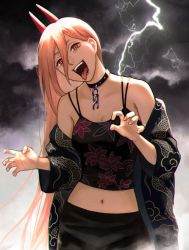 Rule 34 | 1girl, alternate costume, bare shoulders, black choker, black shirt, blouse, chain, chain necklace, chainsaw man, choker, claw pose, cloud, cross-shaped pupils, crosshair pupils, dark clouds, demon girl, demon horns, denim, fangs, goth fashion, hair between eyes, horns, jeans, jewelry, lightning bolt symbol, long hair, looking at viewer, midriff, navel, necklace, night, night sky, open mouth, pants, pink hair, power (chainsaw man), red eyes, red horns, shirt, sky, solo, symbol-shaped pupils, tank top, tongue, tongue out, very long hair, yuko666
