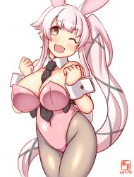 Rule 34 | 1girl, alternate breast size, alternate costume, animal ears, between breasts, black necktie, blush, breasts, cleavage, covered navel, detached collar, fake animal ears, fake tail, green eyes, grey pantyhose, hair flaps, hair ribbon, kanon (kurogane knights), kantai collection, large breasts, leotard, long hair, looking at viewer, necktie, necktie between breasts, one-hour drawing challenge, open mouth, pantyhose, pink hair, pink leotard, playboy bunny, ponytail, rabbit ears, rabbit tail, ribbon, solo, strapless, strapless leotard, tail, very long hair, wrist cuffs, yura (kancolle)