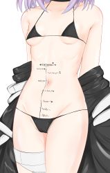 Rule 34 | 1girl, absurdres, bikini, body writing, breasts, camisole, close-up, collarbone, commentary, dick-o-meter, english commentary, female focus, head out of frame, highres, kiri yukino, measuring, micro bikini, midriff, navel, penis measuring, purple hair, shinomiya runa, short hair, simple background, small breasts, solo, stomach, swimsuit, virtual youtuber, vspo!, white background