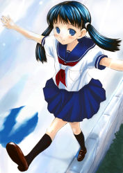Rule 34 | 1girl, balancing, black hair, black socks, blue skirt, brick wall, from above, kneehighs, loafers, long hair, looking at viewer, mikazukimo, neckerchief, original, outstretched arms, pleated skirt, school uniform, serafuku, shirt, shoes, short sleeves, skirt, socks, solo, spread arms, twintails, wall, wallwalking, white shirt